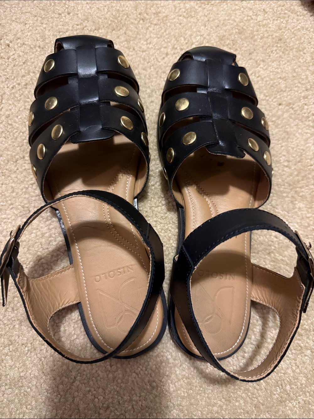 Nisolo Black Leather Sandals with Gold Studs